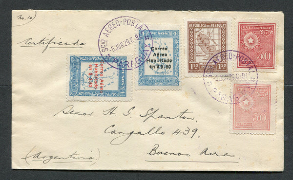 PARAGUAY - 1929 - AIRMAIL & REGISTRATION: Registered cover franked with 1927 50c scarlet, 50c rose and 1p 50c red brown plus 1928 6p 80c on 4p pale blue and 1929 3p 40c on 4p pale blue AIR surcharge issues (SG 296, 300, 305, 349 & 359) all tied by SCIO AEREO POSTAL PARAGUAY cds's dated 6 JUN 1929 with black & white formular registration label with manuscript 'ASUNCION' and large CERTIFICADOS EXTERIOR ASUNCION 'Clock' cancel on reverse. Addressed to ARGENTINA with BUENOS AIRES arrival cds also on reverse.