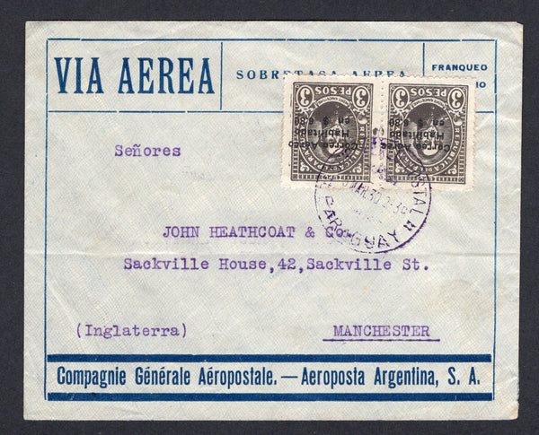 PARAGUAY - 1930 - AIRMAIL: Printed 'CGA' airmail envelope franked with pair 1929 6p 80c on 3p drab AIR surcharge issue (SG 361) tied by SCIO AEREO POSTAL PARAGUAY cds's in purple dated 6 MAR 1930. Addressed to UK with boxed 'CORREO AEREO REP DEL PARAGUAY cachet on reverse.  (PAR/10548)