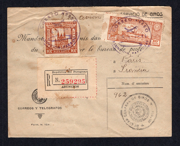 PARAGUAY - 1938 - AIRMAIL & GIRO POST: Headed cover with printed 'Servicio de Giros' & 'Correos y Telegrafos Form No. 184' franked with 1931 10p yellow brown & 1935 102p yellow brown (SG 410 & 486) tied by CORREO AEREO ASUNCION PARAGUAY 'Airplane' cds's in violet with printed registration label alongside and boxed area inscribed 'Num d'emission' with 'OFICINA GENERAL DE GIROS ASUNCION' cachet with manuscript '962'. Addressed to FRANCE with arrival cds on reverse.  (PAR/10561)