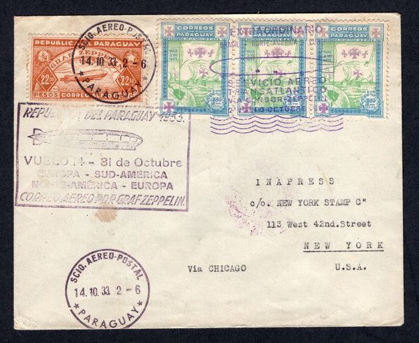 PARAGUAY - 1933 - ZEPPELIN: Registered cover franked with 1933 strip of three 1p 50c emerald & blue and 1933 22p 50c yellow brown 'Zeppelin' issue (SG 460 & 454) tied by SCIO AEREO POSTAL PARAGUAY cds dated 14. 10. 1933 and also by various 'Zeppelin' cachets with printed registration label on reverse. Flown on LZ 127 on the South American - Chicago flight, Paraguayan acceptance. Addressed to USA with transit and arrival marks. Very scarce. (Sieger #240)  (PAR/10563)