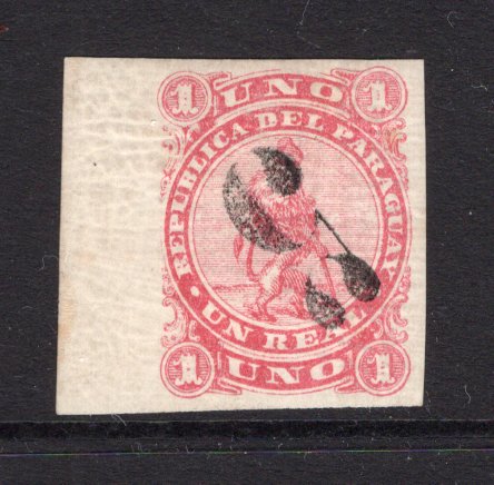 PARAGUAY - 1878 - CLASSIC ISSUES: 5c on 1r rose pink with handstamp in black with variety HANDSTAMP INVERTED, a fine mint side marginal copy with full O.G. and large margins all round. 1948 RPS certificate accompanies. Rare stamp. (SG 8)  (PAR/19979)