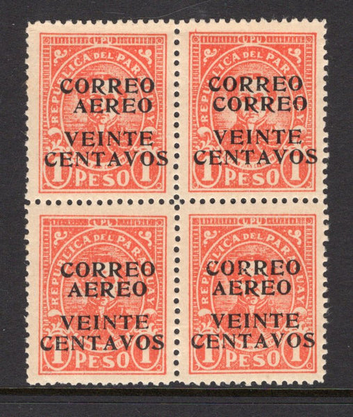 PARAGUAY - 1930 - VARIETY & AIRMAIL: 20c on 1p scarlet a fine mint block of four with variety 'CORREO CORREO' for 'CORREO AEREO' on top right stamp. Difficult & underrated issue. (SG 367 & 367a)  (PAR/2180)