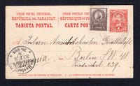 PARAGUAY - 1901 - POSTAL STATIONERY: 4c red postal stationery card (H&G 10) used with added 1901 5c purple brown (SG 74) tied by CORREOS SAN BERNARDINO cds. Addressed to GERMANY with arrival cds on front.  (PAR/2349)