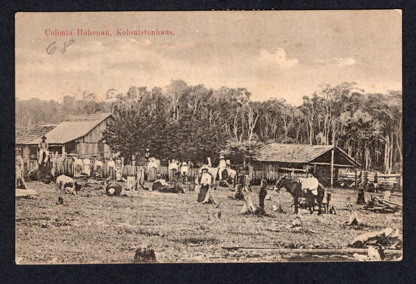 PARAGUAY - 1914 - POSTCARD & GERMAN COLONY: Black & white PPC 'Colonia Hohenau, Kolonistenhaus' (Colonia Hohenau broke away from Colonia Nueva Germania in 1900 to establish a separate colony with different ideals) franked on message side with 1913 1c black, pair 2c orange & strip of three 5c dull mauve (SG 226/228) tied by VILLA ENCARNACION cds's. Addressed to ARGENTINA.   (PAR/23561)