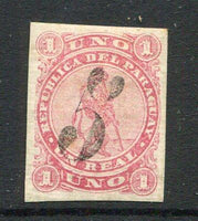 PARAGUAY - 1878 - CLASSIC ISSUES: 5c on 1r rose pink with handstamp in back, a mint copy with part O.G. Four large margins. Rare stamp. (SG 8)  (PAR/24701)