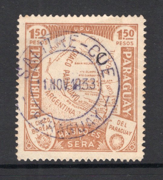 PARAGUAY - 1932 - CANCELLATION: 1p 50c bistre brown 'Chaco Boundary Dispute' issue with 'C' overprint in black, a fine used copy with complete central strike of SALITRE-CUE cds dated 11 NOV 1933. Scarce cancel. (SG 443)  (PAR/25619)