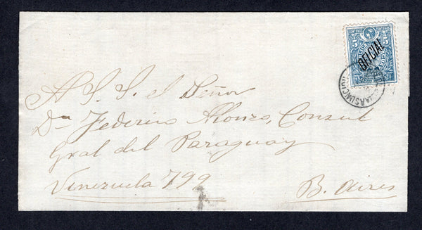 PARAGUAY - 1886 - OFFICIAL MAIL: Circa 1886. Wrapper franked with single 1886 5c blue official issue with thin 'OFICIAL' overprint (SG O41) tied by CORREOS DE LA ASUNCION cds. Addressed to BUENOS AIRES. Fine.  (PAR/26843)