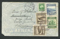 PARAGUAY - 1945 - CANCELLATION: Airmail cover franked with 1940 1p green and 1944 10c green, 15c blue & 2 x 50c sepia (SG 545 & 591/593) all tied by CORREOS COLONIA FERNHEIM cds's. Addressed to SWITZERLAND with AEREOPOSTAL PARAGUAY transit cds on reverse and Swiss arrival cds on front. Small corner fault away from stamps. Colonia Fernheim was a Russian mennonite settlement founded in 1930.  (PAR/26847)