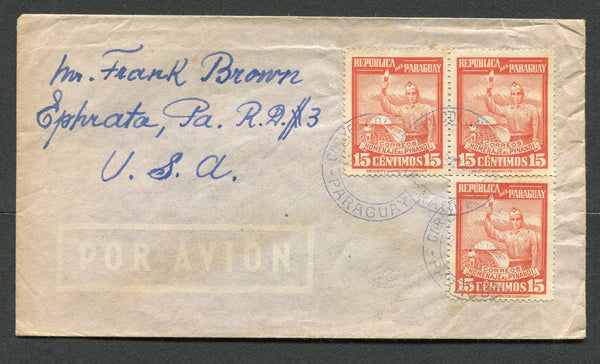 PARAGUAY - 1951 - CANCELLATION: Airmail cover with manuscript 'Return: Dietrich Braun, Grossweide, Camp 45, Colonia Neuland, Chaco, Paraguay' return address on reverse franked with 3 x 1948 15c vermilion (SG 675) tied by three light strikes of CORREO COL. NEULAND cds in blue. Addressed to USA. Colonia Neuland was a Russian mennonite settlement founded in 1947 by Russians fleeing the Soviet Union after WW2. Uncommon origination.  (PAR/26850)