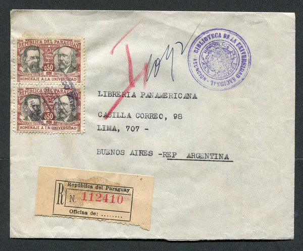 PARAGUAY - 1940 - OFFICIAL MAIL: Cover with 'BIBLIOTECA DE LA UNIVERSIDAD NACIONAL ASUNCION' official cachet on front & reverse franked with pair 1939 50c black & brown lake '50th Anniversary of Asuncion University' OFFICIAL issue (SG O513) tied by oval CERTIFICADO EXTERIOR ASUNCION cancel with printed registration label alongside. Addressed to ARGENTINA with arrival mark on reverse. An uncommon official issue on cover.  (PAR/26851)