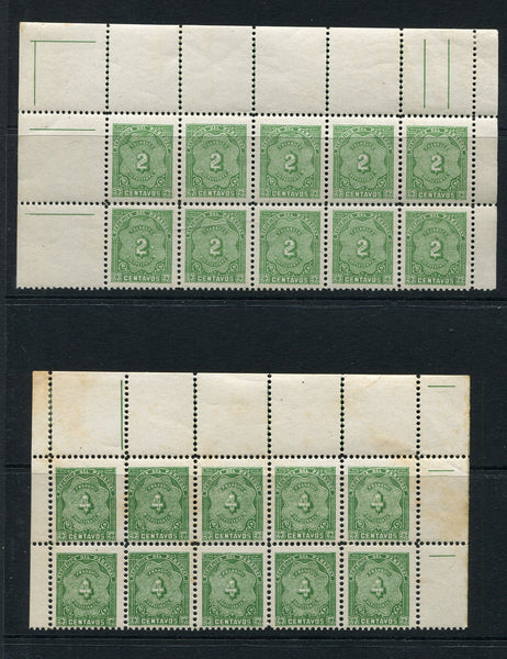 PARAGUAY - 1904 - POSTAGE DUE & MULTIPLE: 2c yellow green, 4c yellow green, 10c yellow green and 20c yellow green 'Postage Due' issue, the set of four in fine mint blocks of ten comprising the top two rows of the sheet. (SG D106/D109)  (PAR/27000)