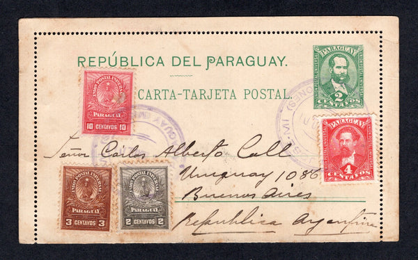 PARAGUAY - 1901 - CANCELLATION & ORIGINATION: 2c green postal stationery lettercard (H&G A3 with outer perforation intact) used with added 1896 4c rose carmine and 1900 2c deep grey, 3c chestnut and 10c carmine (SG 56, 67/68 & 71) all on front tied by two strikes of large SAN JOSE - MI PARAGUAY (MISIONES) cds in purple plus 1896 1c grey (SG 54) on reverse tied in transit by ASUNCION cds. Addressed to ARGENTINA with arrival cds on reverse. A very rare cancel and origination at this date.  (PAR/27209)