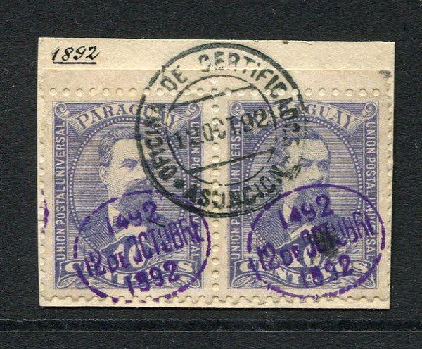 PARAGUAY - 1892 - MULTIPLE: 10c deep violet blue with '1492 12 DE OCTUBRE 1892' COLUMBUS commemoration overprint in violet, a fine used pair tied on small piece by OFICINA DE CERTIFICADOS ASUNCION cds dated 12 OCT 1892, the first day of issue . (SG 41)  (PAR/30643)