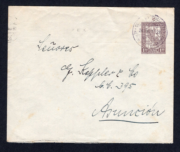 PARAGUAY - 1928 - POSTAL STATIONERY & CANCELLATION: 1p 50c dull violet postal stationery envelope with 'C' imprint above stamp (H&G B5, Paraguay Postal Stationery Catalogue #EN6, stamp set low) used with fair strike of CORREOS PRIMERVERA cds in purple dated 24 JAN 1928. Addressed to ASUNCION with arrival cds on reverse. A very scarce envelope in used condition.  (PAR/30690)