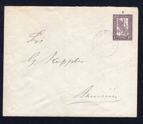 PARAGUAY - 1931 - POSTAL STATIONERY & CANCELLATION: 1p 50c dull violet postal stationery envelope with 'C' imprint above stamp (H&G B5, Paraguay Postal Stationery Catalogue #EN8, stamp set high) used with ITURBE cds dated JAN 1931. Addressed to ASUNCION.  (PAR/30692)