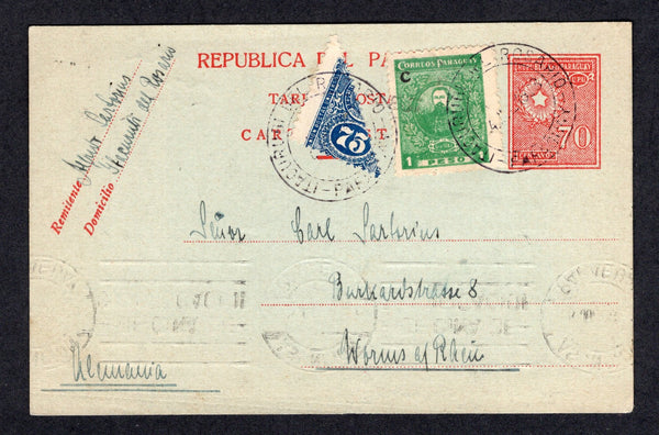 PARAGUAY - 1928 - POSTAL STATIONERY & CANCELLATION: 70c carmine on blue postal stationery card (H&G 13) used with added 1911 Half of 75c blue perforated diagonally and sold at 20c and 1925 1p green 'C' overprint issue (SG 217 & 273B) tied by two strikes of ITACURUBI DEL ROSARIO cds dated 24 JUL 1928. Addressed to GERMANY with transit marks on reverse. Note that this is the earliest know use of this card, previously recorded as3 April 1930. Very fine & scarce.  (PAR/30696)