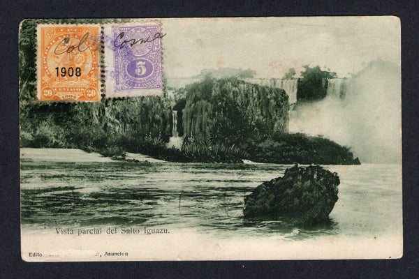 PARAGUAY - 1911 - AUSTRALIAN COLONY & CANCELLATION: Green tinted PPC 'Vista parcial del Salto Iguazu' datelined 'Arturo R Groves, Colonia Cosme, Caazapa, Paraguay' franked on picture side with 1908 20c orange LION issue and 1910 5c pale lilac (SG 193 & 208) tied by COL COSME manuscript cancel and by indistinct ASUNCION cds. Addressed to BELGIUM with transit and arrival cds's on reverse. A rare item from this short lived Australian Colony in Paraguay.  (PAR/30703)