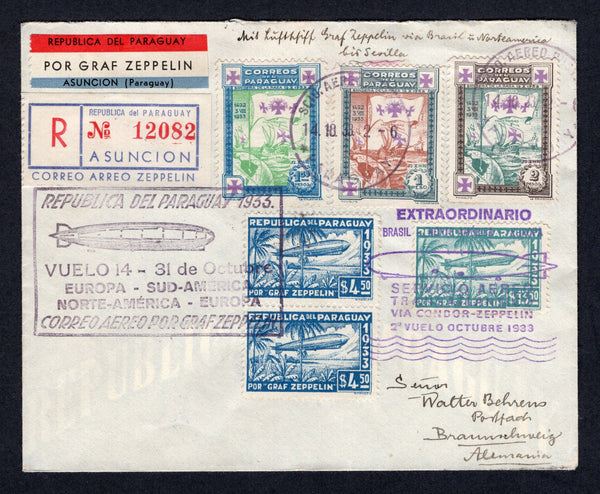 PARAGUAY - 1933 - ZEPPELIN: Registered cover franked with 1933 1p brown & blue green, 1p 50c emerald & blue and 2p green and sepia plus 1933 pair 4p 50c blue and 13p 50c blue green 'Zeppelin' issue (SG 459/461, 451 & 453) tied by SCIO AEREO POSTAL PARAGUAY cds's dated 14. 10. 1933 and also by various 'Zeppelin' cachets with printed registration label and nice 'POR GRAF ZEPPELIN' airmail label both on front. Flown on LZ 127 on the South American - Chicago flight, Paraguayan acceptance. Addressed to GERMANY 