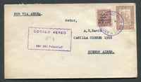PARAGUAY - 1929 - FIRST FLIGHT: Cover franked with 1927 1p 50c red brown and 1929 2p 85c on 5c dull purple AIR 'Surcharge' issue (SG 305 & 345) tied by SCIO AEREO POSTAL PARAGUAY cds's dated 1 JAN 1929. Flown on the Inaugural ASUNCION - BUENOS AIRES flight (on the 2nd of Jan) by 'Vachet' with boxed 'CORREO AEREO REP. DEL. PARAGUAY' first flight cachet. Addressed to BUENOS AIRES with arrival cds on reverse dated 2 JAN 1929. (Muller #3, rated 3000pts)  (PAR/31187)