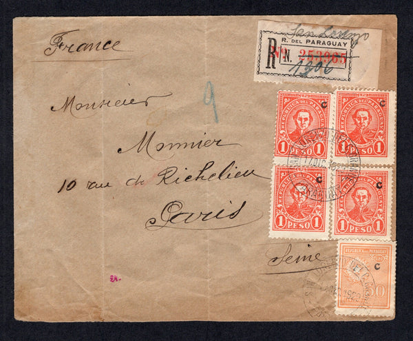 PARAGUAY - 1929 - CANCELLATION & REGISTRATION: Registered cover franked with 1927 50c orange and 4 x 1p scarlet 'C' overprint issue (SG 323 & 329) tied by two strikes of SAN LORENZO DEL C. GRANDE cds dated 17 DEC 1929 with printed registration label with 'San Lorenzo' added in manuscript alongside. Addressed to FRANCE with transit cds on reverse. Cover has a couple of creases but a scarcer origination.  (PAR/31653)