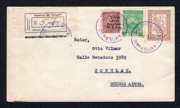 PARAGUAY - 1929 - FIRST FLIGHT: Registered cover franked with 1927 1p emerald green and 1p 50c red brown plus 1929 2p 85c on 5c dull purple 'AIR 'Surcharge' issue (SG 302, 305 & 345) tied by SCIO AEREO POSTAL PARAGUAY cds's dated 1 JAN 1929 with printed registration label alongside. Flown on the Inaugural ASUNCION - BUENOS AIRES flight (on the 2nd of Jan) by 'Vachet'. Addressed to BUENOS AIRES with arrival cds's on reverse dated 2 JAN 1929. (Muller #3, rated 3000pts)  (PAR/31655)