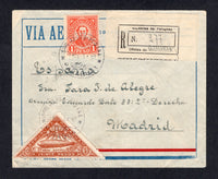 PARAGUAY - 1933 - AIRMAIL: Registered airmail cover franked with 1927 1p scarlet and 1932 20p yellow brown 'Triangular' ZEPPELIN issue on front and additional 1932 1p 50c purple on reverse (SG 303, 439 & 441) tied by SCIO AEREO POSTAL PARAGUAY cds's dated 1 MAR 1933 with printed registration label with manuscript 'Asuncion' on front. Addressed to SPAIN with arrival mark on reverse. The 20p triangle is uncommon on cover.  (PAR/31656)