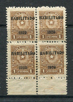 PARAGUAY - 1920 - VARIETY: 1p brown with 'HABILITADO 1920' overprint (short 8mm setting), a mint block of four with variety '1929' FOR '1920' on top left hand stamp. (SG 245 & 245b, Knietschel #252 & 252b)  (PAR/32165)