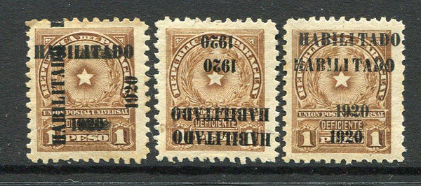 PARAGUAY - 1920 - VARIETY: 1p brown with 'HABILITADO 1920' overprint (Tall 10mm setting), three mint copies with varieties OVERPRINT DOUBLE, OVERPRINT DOUBLE ONE INVERTED and OVERPRINT DOUBLE ONE VERTICAL. (SG 245 variety, Knietschel #251c, 251e & 251f)  (PAR/32168)