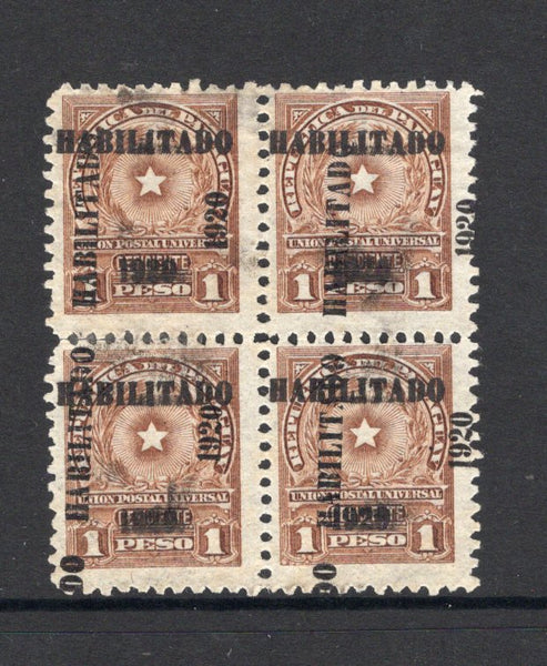 PARAGUAY - 1920 - VARIETY: 1p brown with 'HABILITADO 1920' overprint (Tall 10mm setting), a mint block of four with variety  OVERPRINT DOUBLE ONE VERTICAL. (SG 245 variety, Knietschel #251f)  (PAR/32170)