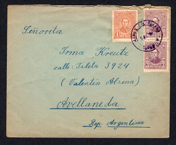 PARAGUAY - 1942 - CANCELLATION: Cover franked with 1927 1p orange and pair 3p violet (SG 304 & 311) tied by CARMEN DEL PARANA cds in purple dated 9 JUL 1942. Addressed to ARGENTINA with arrival cds's on reverse.  (PAR/33274)