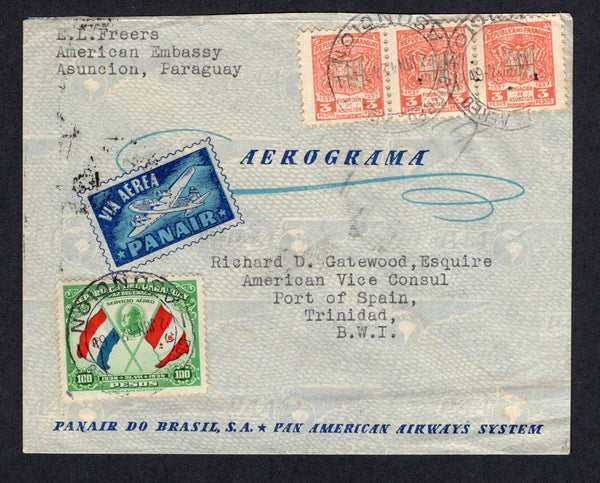 PARAGUAY - 1942 - AIRMAIL & DESTINATION: Printed 'Panair do Brasil' airmail cover with STAMP illustration franked with 1937 strip of three 3p blue & red and 1939 100p emerald green (SG 493 & 526) tied by CORREO AEREO ASUNCION cds's dated 22 JUN 1942. Addressed to PORT OF SPAIN, TRINIDAD with arrival cds on reverse.  (PAR/34224)