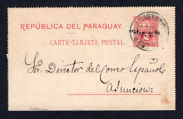 PARAGUAY - 1894 - CANCELLATION: 2c red postal stationery lettercard (H&G A1) datelined inside 'Valenzuela 20 Dbre 1893' and cancelled by a fine strike of undated CORREOS PARAGUAY cancel with inserted straight line 'Valenzuela' in small but thick type. Addressed to ASUNCION with arrival cds on reverse. A very scarce cancel.  (PAR/38355)