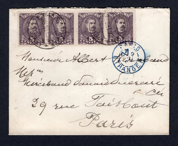 PARAGUAY - 1893 - PORTRAIT ISSUE & CANCELLATION: Cover franked with strip of four 1892 5c dull purple 'Portrait' issue (SG 45) tied by two strikes of VILLA CONCEPCION cds dated 22 SEP 1893. Addressed to FRANCE with ASUNCION transit cds on reverse and French arrival cds on front.  (PAR/38356)