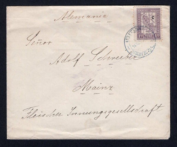 PARAGUAY - 1931 - CANCELLATION: Cover franked with 1927 1p 50c lilac overprinted with large 'C' for use by Rural post offices (SG 334) tied by fine strike of IBITIMI cds in blue black dated 14 APR 1931. Addressed to GERMANY with ASUNCION transit marks on reverse.  (PAR/38358)