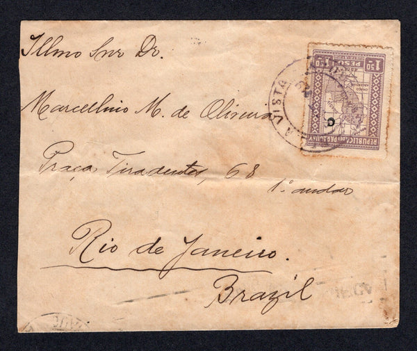PARAGUAY - 1929 - BRAZILIAN COLONY IN PARAGUAY: Cover franked with single 1927 1p 50c lilac overprinted with small 'c' for use by Rural post offices (SG 334) tied by good strike of BELLA VISTA cds in purple dated 5 OCT 1929. Addressed to BRAZIL with arrival mark on reverse. Bella Vista was founded in 1917 by members of Colonia Hohenau and was mostly comprised of Brazilians. Scarce.  (PAR/38651)