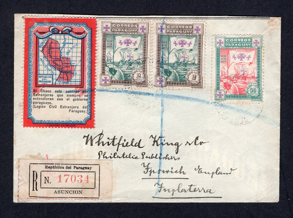 PARAGUAY - 1934 - CHACO WAR & CINDERELLA: Registered cover with printed Propaganda message on reverse franked with 1933 50c scarlet & green and pair 2p green & sepia (SG 458 & 461) with fine example of the large Paraguayan Foreign Legion red white & blue 'Map' Chaco War PROPAGANDA label (with text in Spanish) alongside tied by blue registration crayon marking and stamps tied by light CERTIFICADOS ASUNCION cds's dated 9 JUL 1934 with printed 'Asuncion' registration label on front. Addressed to UK. Fine & ve