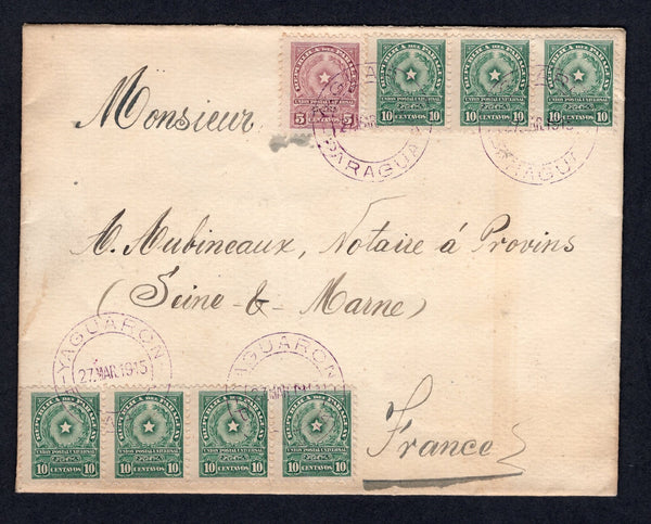 PARAGUAY - 1915 - CANCELLATION: Cover franked with 1913 5c dull mauve and 7 x 10v green (SG 228/229) tied by multiple fine strikes of YAGUARON cds in bright purple dated 27 MAR 1915. Addressed to FRANCE with ASUNCION transit and French arrival marks on reverse.  (PAR/39194)