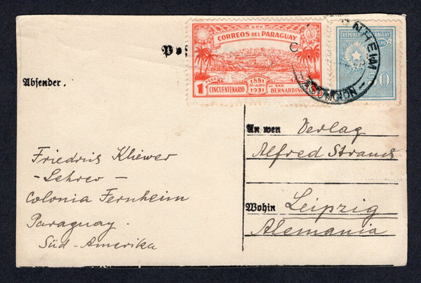 PARAGUAY - 1933 - CANCELLATION: Plain postcard datelined 'Colonia Fernheim, Paraguay 6. I. 1933' franked with 1927 50c pale ultramarine and 1931 1p brick red with 'C' overprint (SG 295 & 432) tied by fair COL. FERNHEIM ASUNCION cds. Addressed to GERMANY.  (PAR/39195)