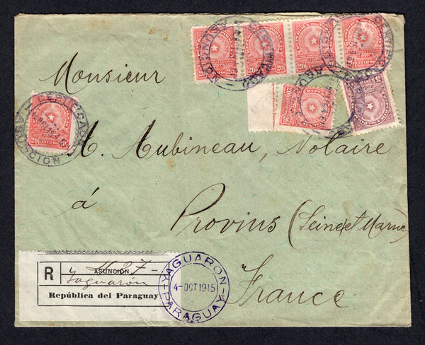 PARAGUAY - 1917 - CANCELLATION & REGISTRATION: Registered cover with black on white printed registration label with 'Yaguaron' inserted in manuscript tied on front by fine YAGUARON cds dated 4 OCT 1915, franked with 1913 5c dull mauve and 6 x 20c rose (SG 228 & 230) tied in transit by multiple strikes of ASUNCION cds in purple dated the same day. Addressed to FRANCE with CERTIFICADO ASUNCION transit cds's and French arrival cds on reverse. Cover has vertical crease.  (PAR/39198)