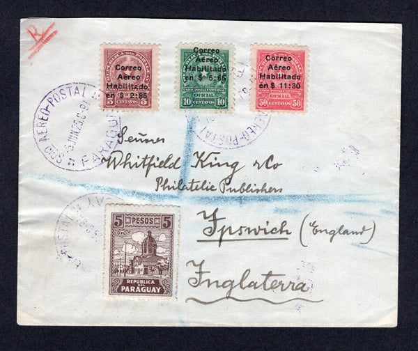 PARAGUAY - 1929 - AIRMAIL & REGISTRATION: Registered cover franked with 1927 5p chocolate and 1929 AIR 'Surcharge' issue set of three (SG 312 & 345/347) tied by SCIO AEREO POSTAL PARAGUAY cds's dated 6 JUN 1929 with printed registration label with 'Asuncion' added in manuscript on reverse. Addressed to UK with boxed 'CORREO AEREO REP. DEL PARAGUAY' cachet on reverse with arrival cds.  (PAR/39199)