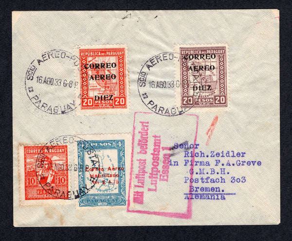 PARAGUAY - 1933 - AIRMAIL & REGISTRATION: Registered cover franked with 1927 10p scarlet, 1929 4.75p on 4p pale blue AIR 'Surcharge' issue and 1930 10p on 20p scarlet and 10p on 20p dull purple 'CORREO AEREO' overprint issue (SG 318, 360 & 372/373) all tied by SCIO AEREO POSTAL PARAGUAY cds's dated 16 AUG 1933 with printed registration label with 'Asuncion' added in manuscript on reverse. Addressed to GERMANY with arrival marks on front & reverse. A nice franking.  (PAR/39206)