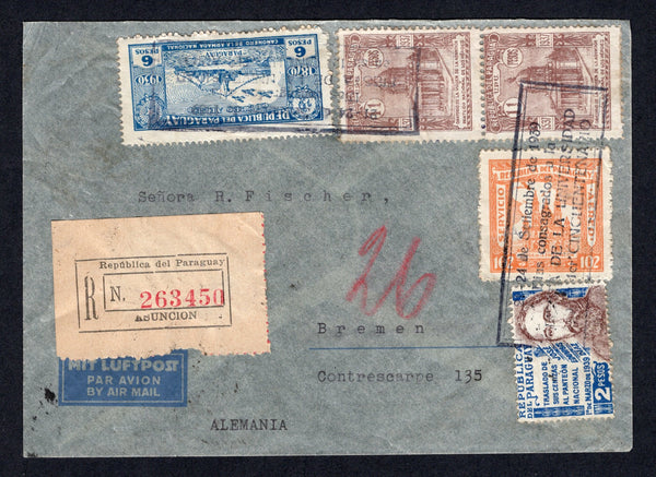 PARAGUAY - 1939 - CANCELLATION: Registered airmail cover franked with 1931 6p blue 'Gunboat Paraguay' issue, 1935 102p orange, 1938 pair 11p reddish brown and 1939 2p brown & blue (SG 406, 487a, 501 & 505) tied by two strikes of boxed '21 - 24 de Setiembre de 1939 Dias consagrados a la FIESTA DE LA UNIVERSIDAD 1er CINCUENTENARIO' cachet in black with printed registration label alongside. Addressed to GERMANY and routed via Italy due to the beginning of WW2 with many Italian transit marks on reverse with Ge