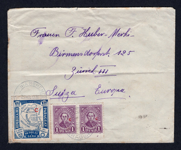 PARAGUAY - 1936 - GERMAN COLONY & CANCELLATION: Cover with manuscript 'K Kienzi, Col Hohenau, Alta Parana, Paraguay' return address on reverse franked with 1927 pair 1p violet and 1932 1p 50c blue all with 'C' overprints (SG 332 & 445) tied by two strikes of COLONIA HOHENAU cds dated 25 AGO 1936. Addressed to SWITZERLAND  with ASUNCION transit cds on reverse.  (PAR/39495)