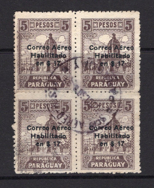 PARAGUAY - 1929 - MULTIPLE: 17p on 5p chocolate AIRMAIL surcharge issue a fine cds used block of four. Uncommon in used multiples. (SG 362)  (PAR/39637)