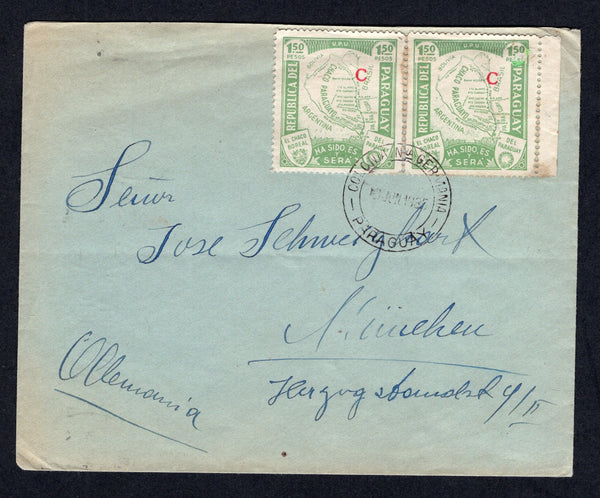 PARAGUAY - 1935 - CANCELLATION: Cover franked with pair 1932 1p 50c emerald green 'Chaco Boundary Dispute' issue with 'C' overprint in red (SG 444) tied by fine strike of COLONIA NVA GERMANIA cds dated 3 JUN 1935. Addressed to GERMANY with ASUNCION transit mark on reverse.  (PAR/40385)