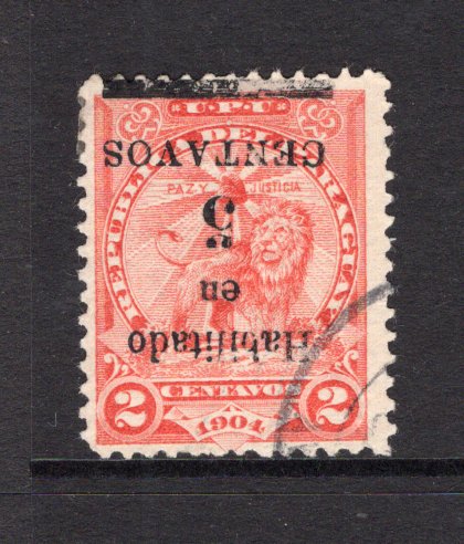 PARAGUAY - 1907 - VARIETY: 5c on 2c vermilion LION issue, a fine used copy with variety OVERPRINT INVERTED. (SG 144b)  (PAR/40813)