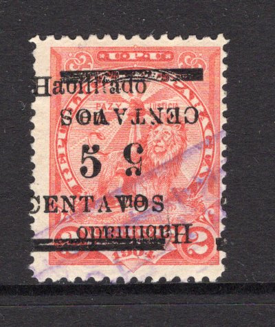 PARAGUAY - 1907 - VARIETY: 5c on 2c vermilion LION issue, a fine used copy with variety OVERPRINT DOUBLE ONE INVERTED. (SG 144d)  (PAR/40814)