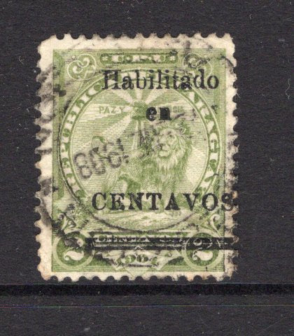 PARAGUAY - 1907 - VARIETY: 5c on 2c olive green LION issue, a fine used copy with variety '5' OMITTED. (SG 145a)  (PAR/40816)