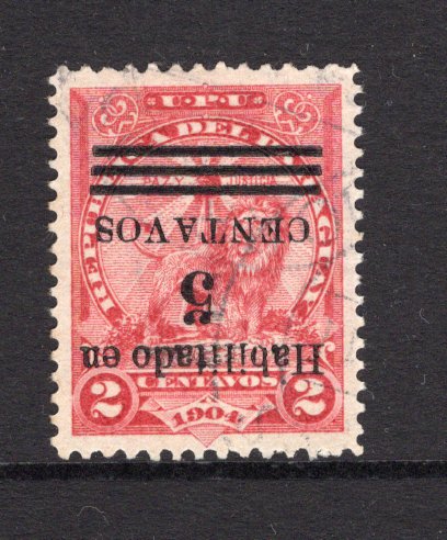 PARAGUAY - 1908 - VARIETY: 5c on 2c carmine LION issue, a fine used copy with variety OVERPRINT INVERTED. (SG 160b)  (PAR/40823)