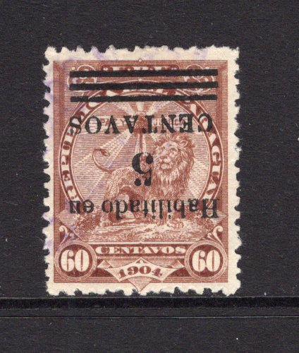 PARAGUAY - 1908 - VARIETY: 5c on 60c chocolate LION issue, a fine used copy with variety OVERPRINT INVERTED. (SG 163a)  (PAR/40829)